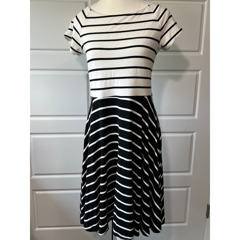 LOFT Black White Striped Boat Neck Short Sleeve Fit Flare Midi Dress Women Small